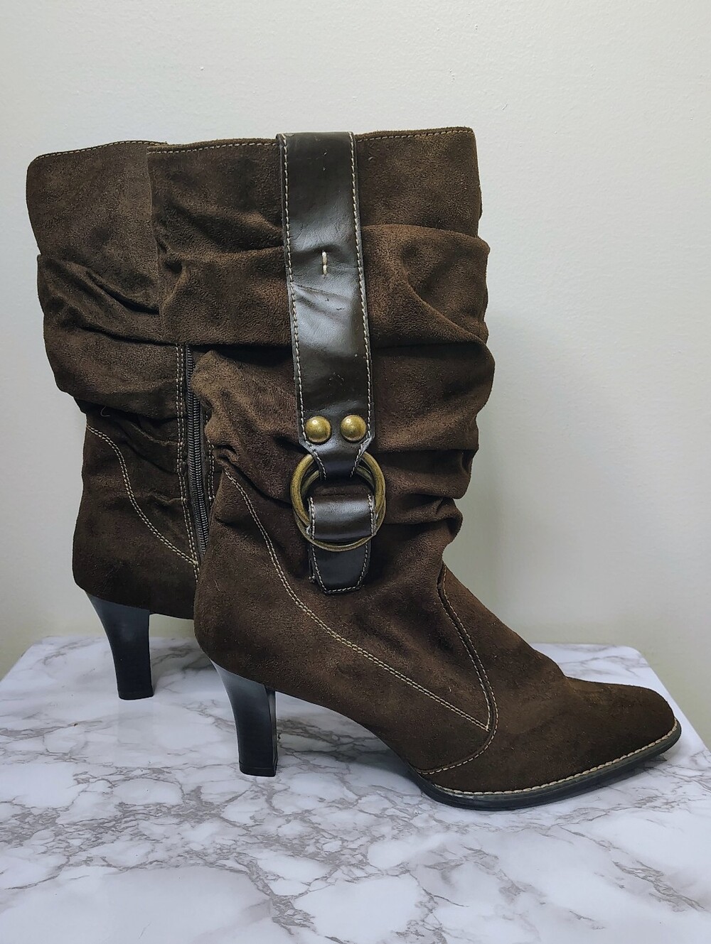 Predictions Brown Slouch Mid-Calf Boots Women's Size11W Faux Suede Buckle Accent